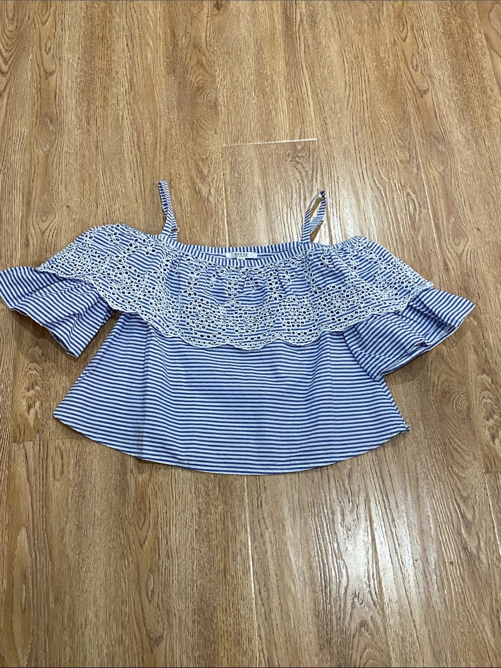 Guess Blue and White Striped Off-Shoulder Crop Top with Lace Ruffle